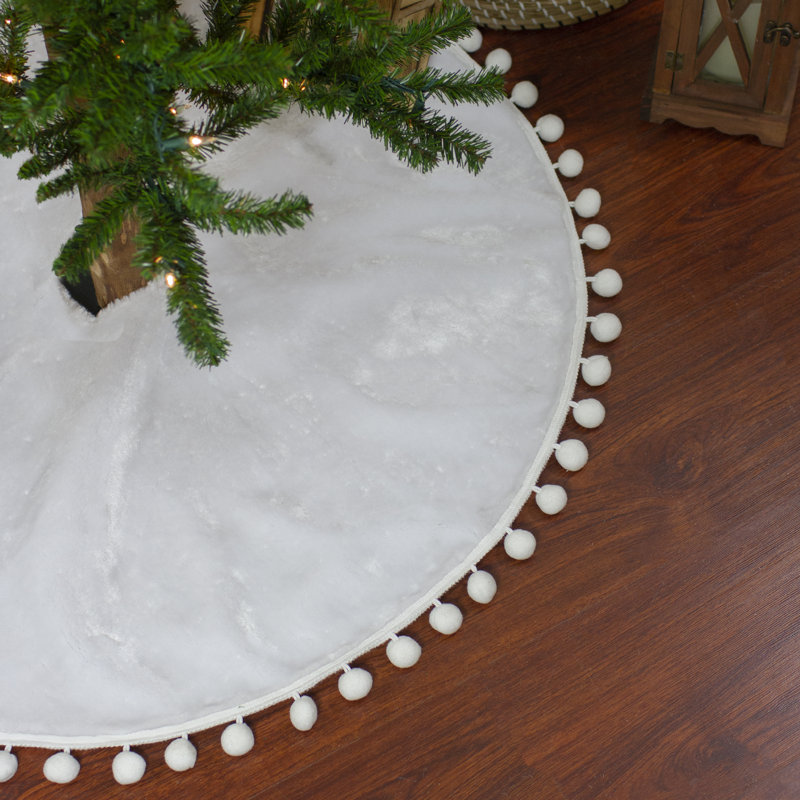 White Fabric Christmas Tree Skirt with Pom Pom Border