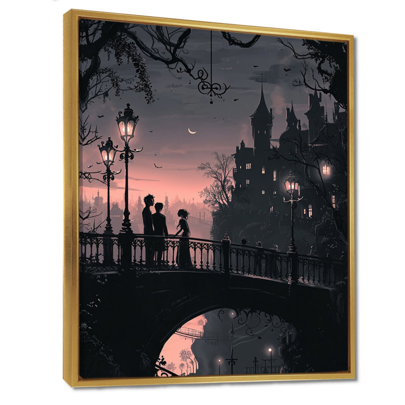 «Midnight Lantern Romantic Prague Bridge - City Buildings», reproduction d'art mural, Cadre flottant doré, H 20 po x l 12 po