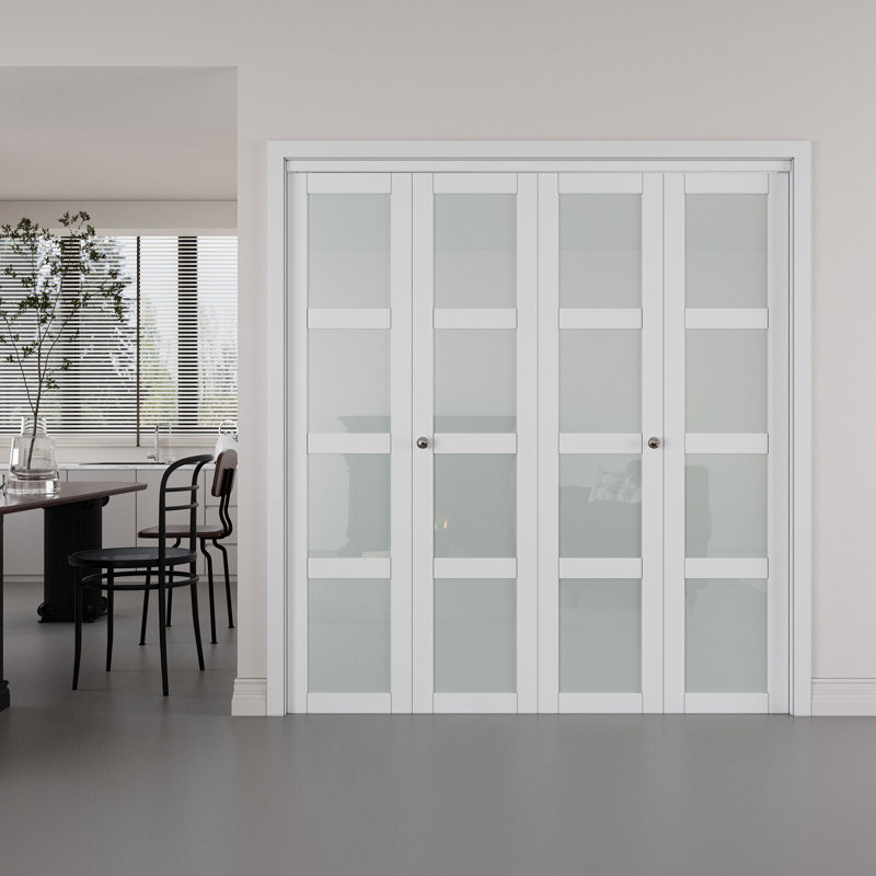Double 4-Lite Glass Door Solid Manufactured Wood Double Bi-Fold Doors with Installation Hardware Kit, 72" x 80" 