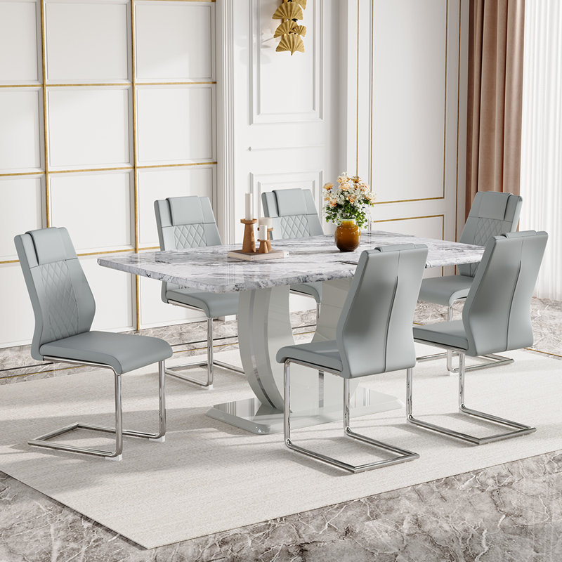  63'' Wooden Dining Table Set, Rectangle Gray Dining Table Set for 4/6 with Leather Chairs, Light Gray, 7
