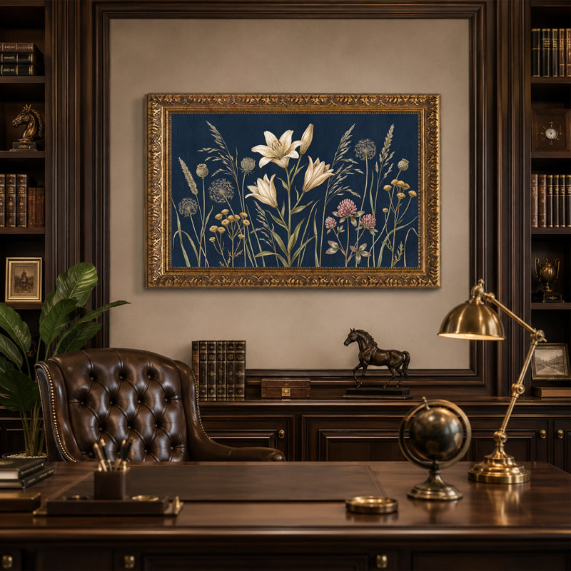 Art botanique sur toile bleu marine, H 20 po x l 30 po