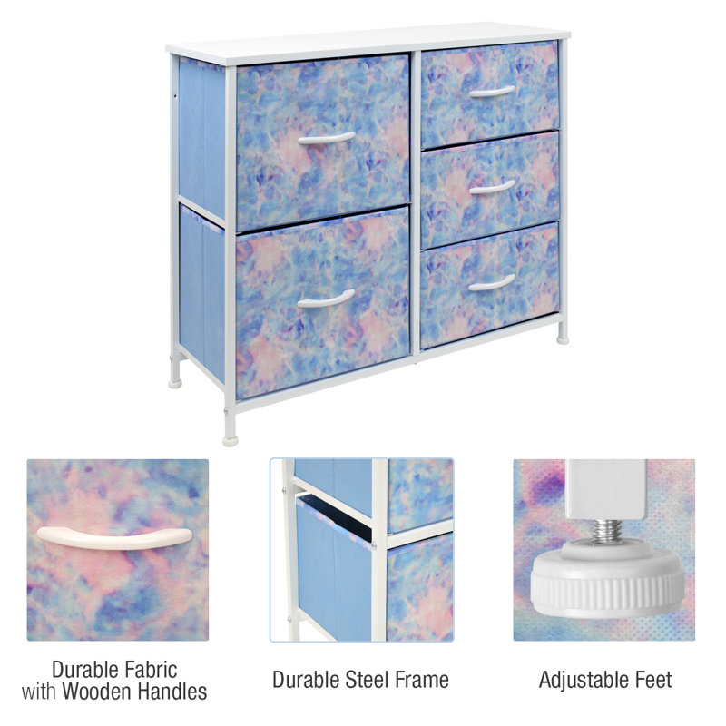 Commode 5 tiroirs l 33,5 po, Teinture sur nœuds rose / bleu