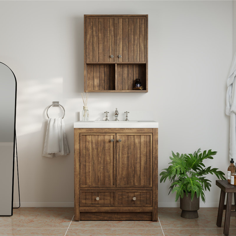 Ensemble de meuble-lavabo 30 po avec comptoir en quartz blanc Thassos et armoire murale assortie, Sépia rétro