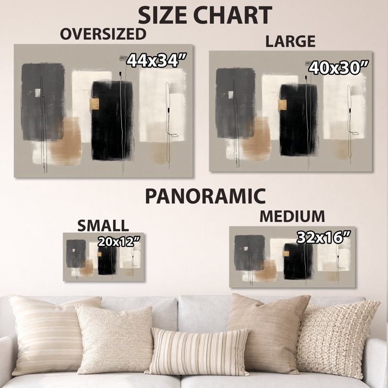 Formes noires avec mélange abstrait de minimalisme gris - décoration murale moderne en métal, L 32 po x H 16 po