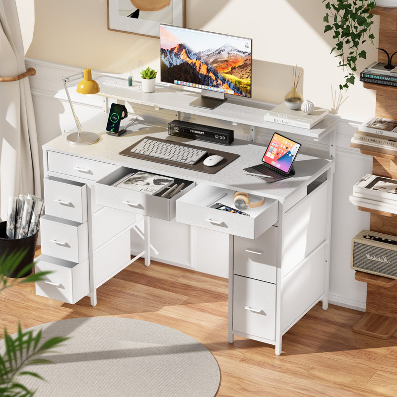 Steel Computer Desk with Built-In Electrical Outlet, White/White