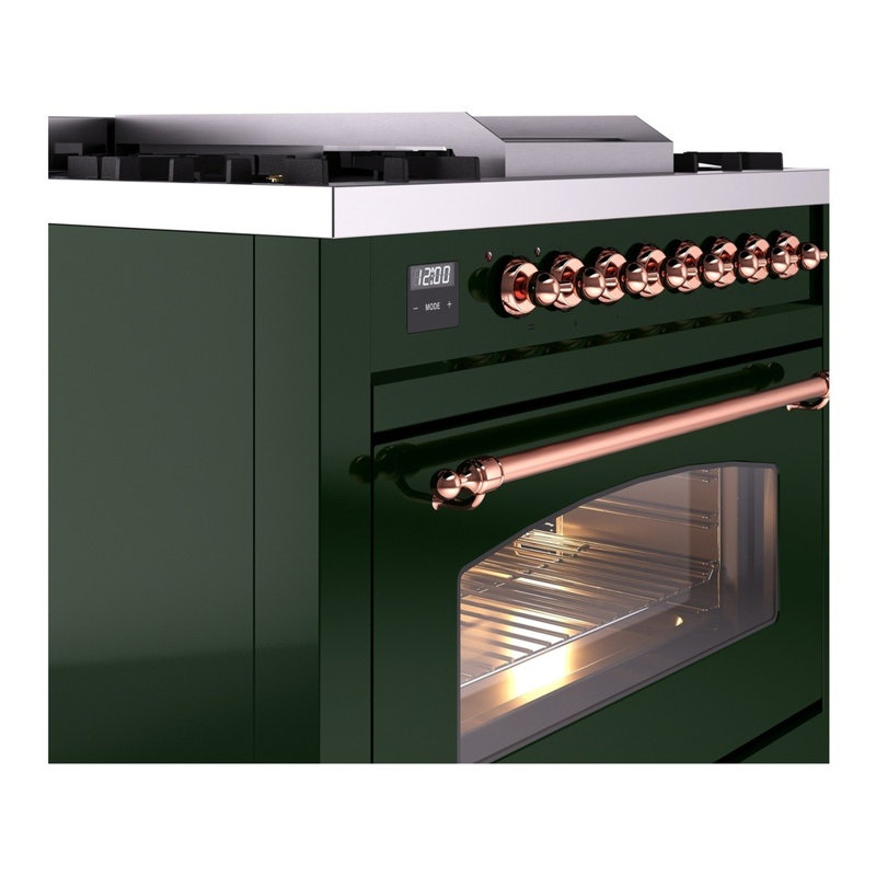 ILVE Nostalgie II Series 36 inch Dual Fuel Range with 6 Burners, Griddle (Glass Door), Emerald Green/Copper, Natural Gas
