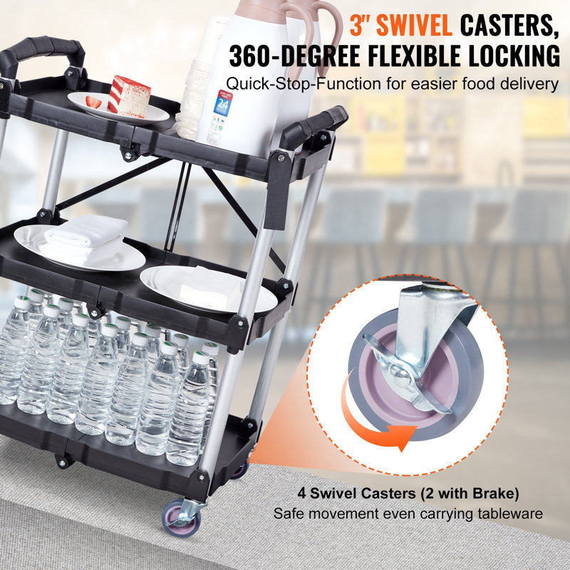 Chariot de service pliable, chariot à roulettes en plastique robuste à 3 tablettes 165LBS avec roues verrouillables, poignée ergonomique, chariot à outils de garage portatif pour entrepôt / bureau / maison (25,62 po x 15,43 po x 32,76 po)
