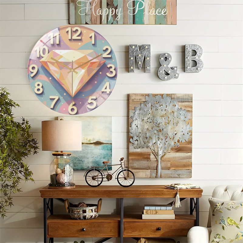 Horloge murale avec fond en losange et pastel - horloge murale moderne en verre 12 po