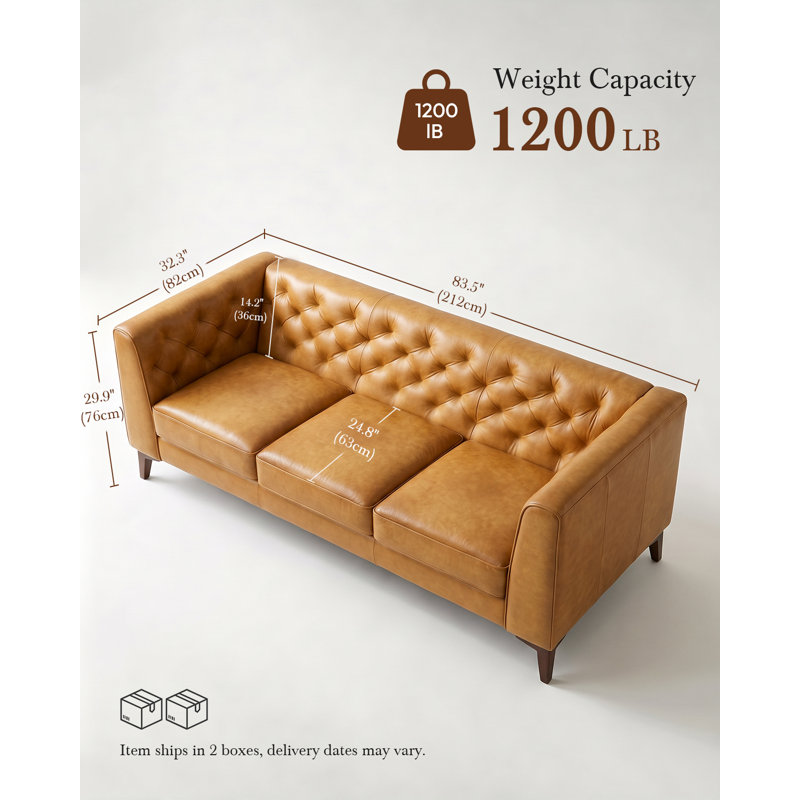 Canapé 3 places 211 cm en cuir pleine fleur ciré, style moderne du milieu du siècle, structure en bois massif avec pieds, coussins confortables, facile à nettoyer et à monter, idéal pour salon, chambre ou appartement, brun