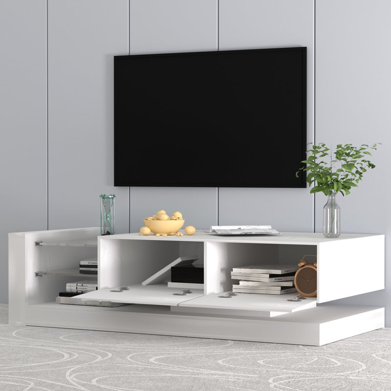 Meuble télé moderne avec lumières à DEL et rangement à 90% pour armoire de rangement blanche 75 po, Blanc