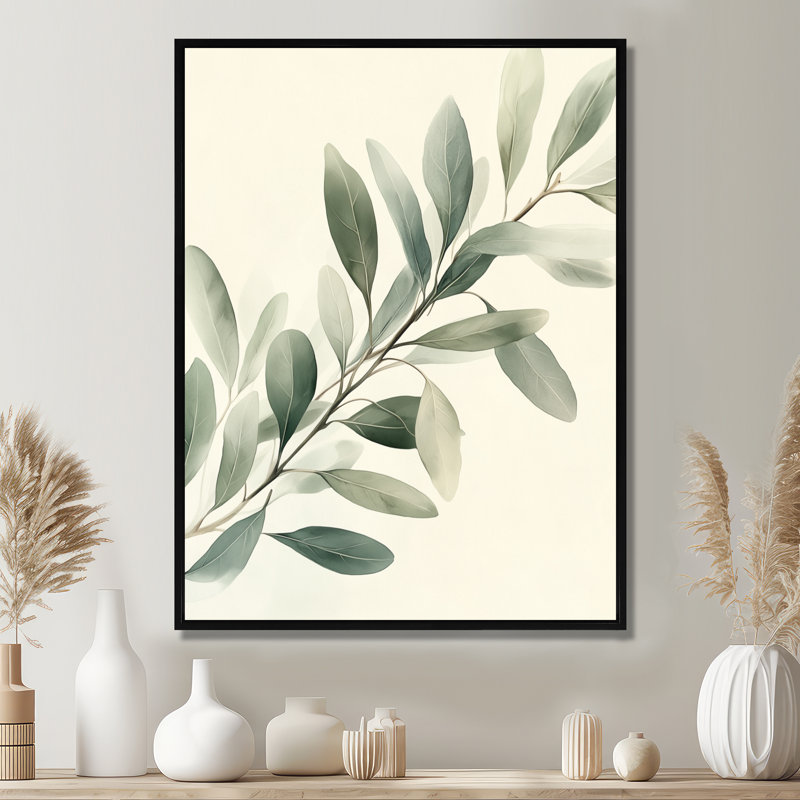 Doux eucalyptus, branche d'olivier I - art mural encadré botanique vert, Cadre flottant noir, H 20 po x l 12 po