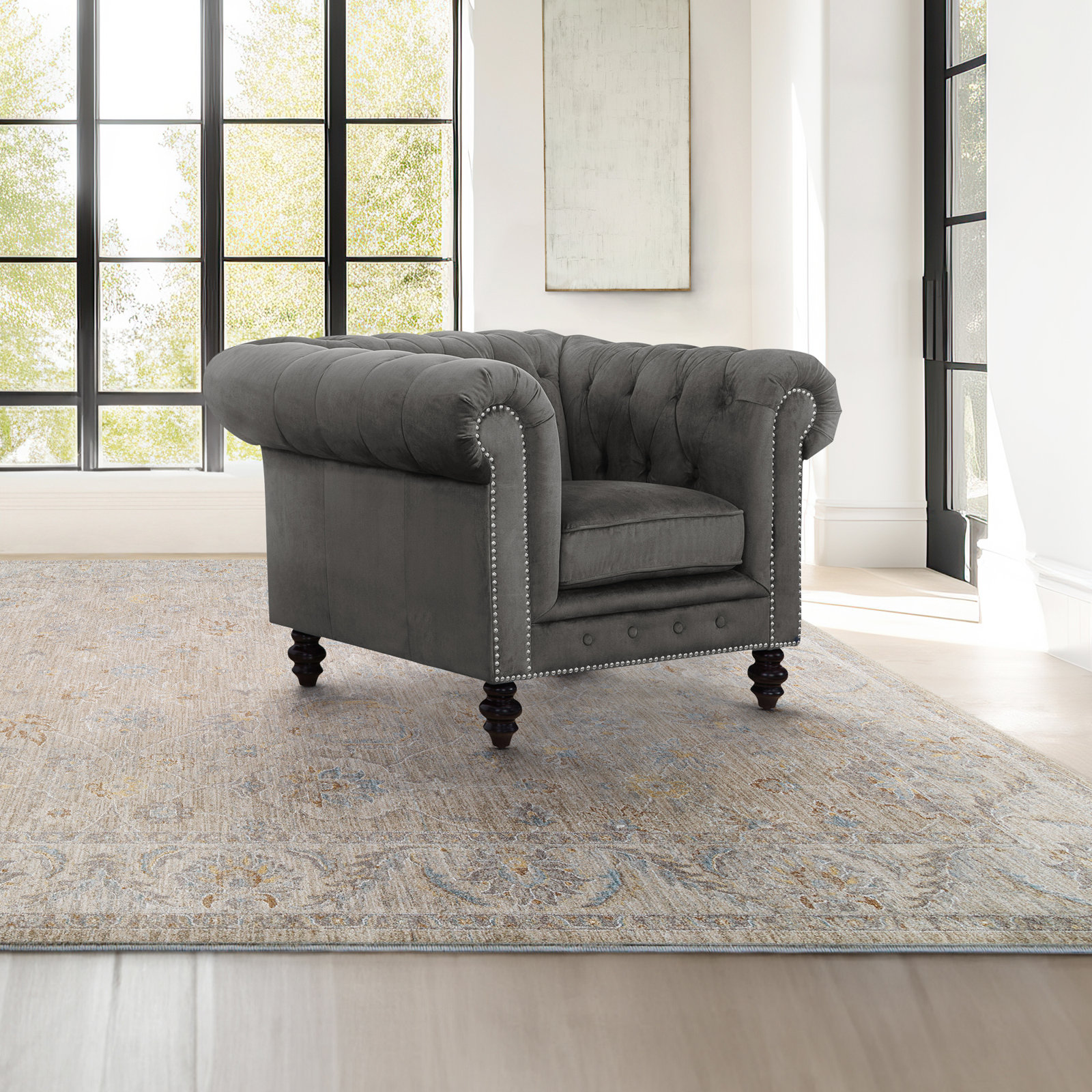 Ophelie Upholstered Chesterfield Chair, Smoke Grey Velvet