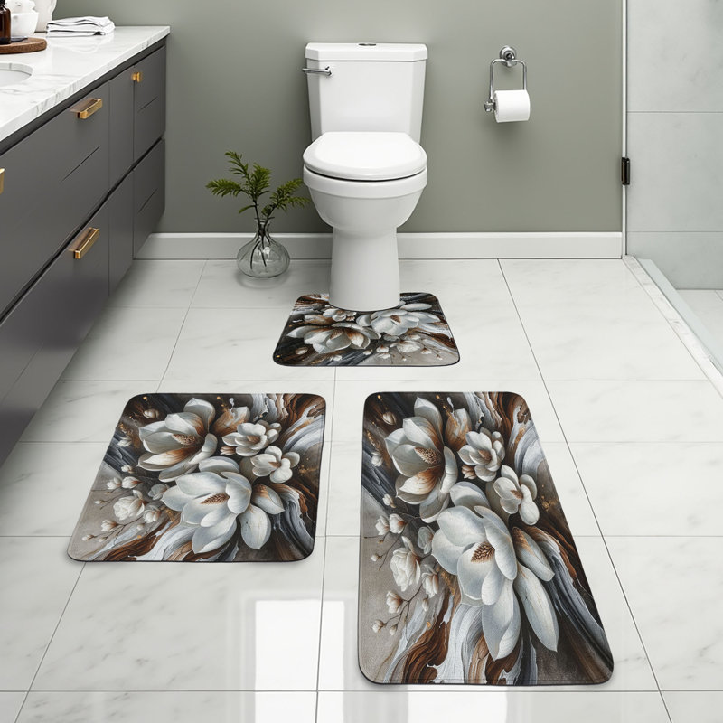  Ensemble de tapis de salle de bain brun 3 pièces en U et tapis rectangulaires gris foncé et chocolat