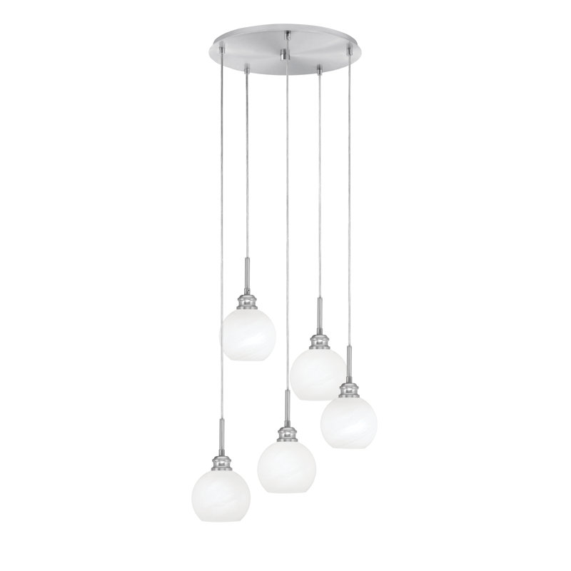 Luminaire suspendu grappe 5 lumières Edge avec verre de marbre blanc 5,75 po, Nickel brossé