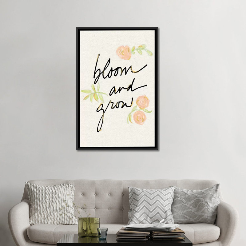 «Bloom and Grow», art textuel sur toile, H 26 po x l 18 po x P 1,5 po, Toile avec cadre noir, Pas de tapis