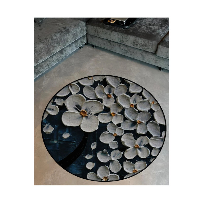 Dark Blue Beige Floral Patterned Round Woven Base Modern Decorative Carpet, Round 2'8"
