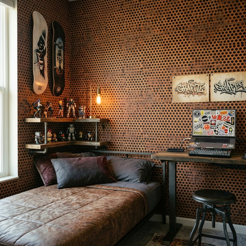 Perforated Panel Wallpaper Dark Rusty Metal Removable Wall Decor, Peel and Stick