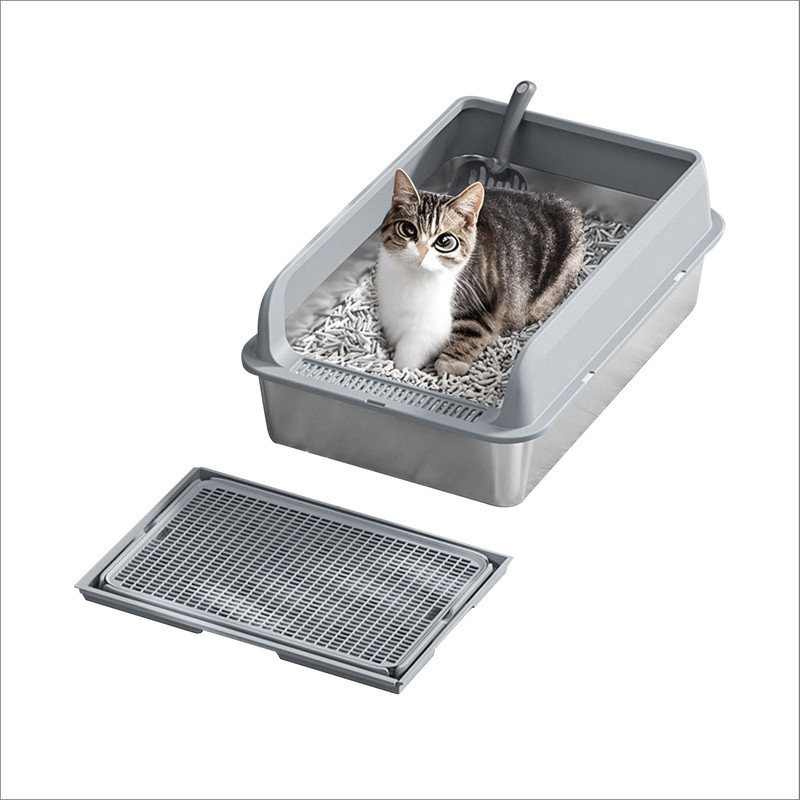 Stainless Steel Cat Litter Box with Lid Large Litter Box for Big Cats Non-Stick Stainless Steel Cat Boxes High Sides, Kitten Metal Boxes, Anti-Leakage, Easy to Clean