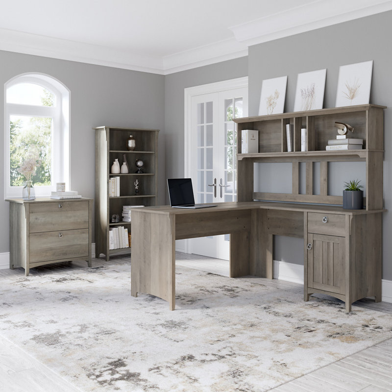 Ozro L-Shape Credenza Desk with Hutch, Driftwood Gray