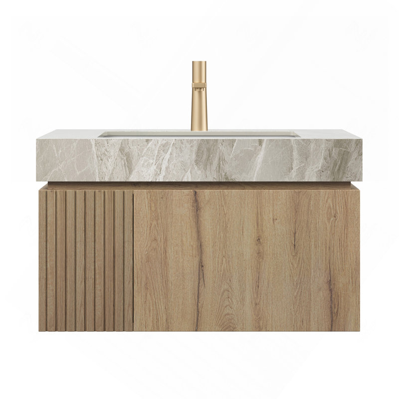 Meuble-lavabo 30 po, meuble de rangement flottant en contreplaqué avec tiroir et porte, comptoir en pierre frittée gris clair et lavabo en céramique avec 1 trou de robinet pré-percé, blanc pré-assemblé