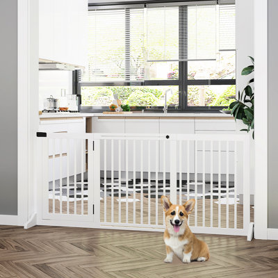 Barrière réglable pour animaux blanche. Bois autoportant. 3 panneaux avec barrière et porte verrouillable. Convient aux espaces de 44,5 po à 64,41 po. Pour porte, couloir, chambre à coucher. Clôture 64,41 po. Barre de porte. Portes, couloirs, entrées,
