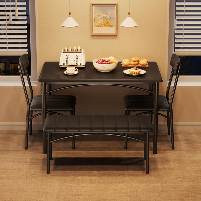 4-Piece Dining Set for 4, Rectangular Table with Upholstered Bench & 2 Chairs, Metal Frame, Black