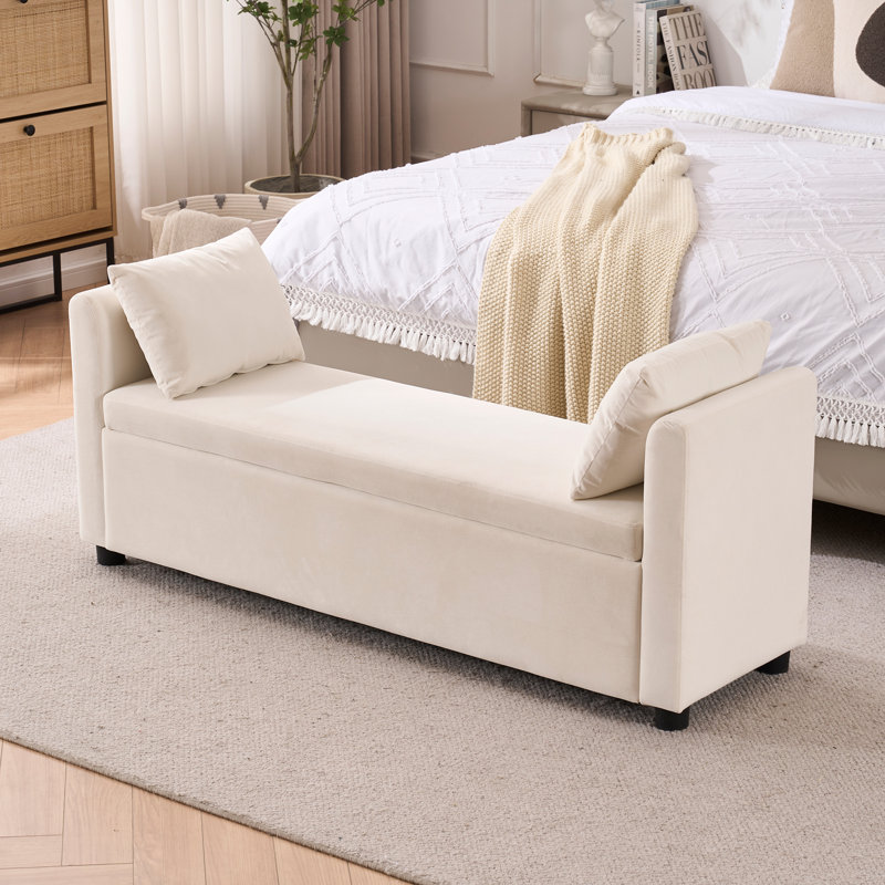 Banc rembourré avec rangement pour très grand lit Shaneta, Ivoire
