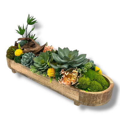 Succulent Design in Light Varnished Elongated Wood Vase