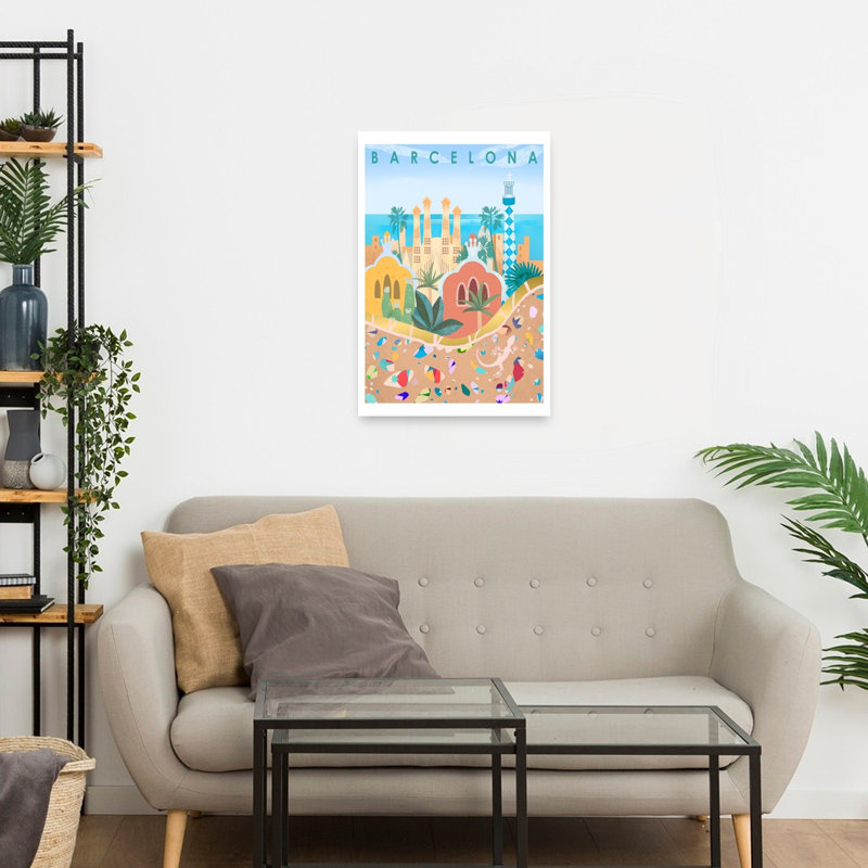 Affiche murale de Barcelone colorée et vibrante représentant un lézard, un palmier et une architecture de plage