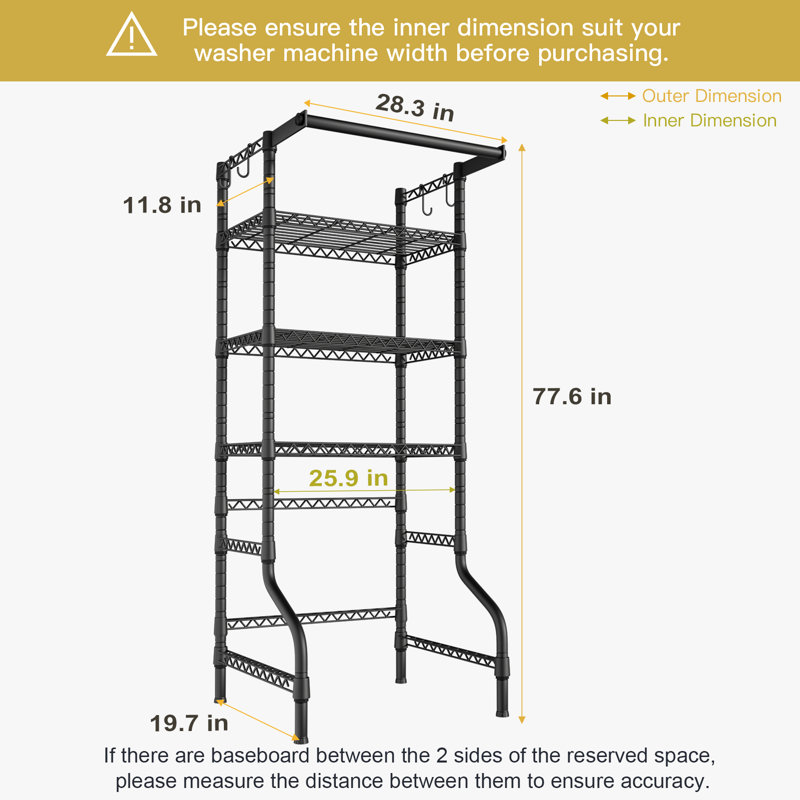 U11 Mini Over Washer and Dryer Shelves, 3 Tiers Laundry Room Storage and Organizer Standing Shelf, Metal Freestanding Clothes Drying Rack, 28.3”W x 19.7”D x 77.6”H, Suit Washing Machine Width within 25.9”, Black