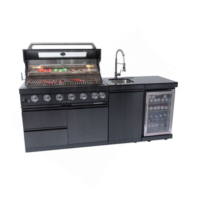Îlot de cuisine pour barbecue à 6 brûleurs 85 000 BTU de luxe pour l'extérieur en acier inoxydable au propane, barbecue, réfrigérateur à vin compact, comptoirs en marbre et évier en acier inoxydable