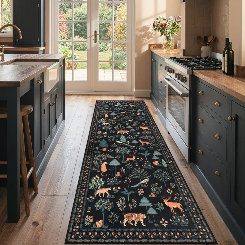 Tapis de couloir noir Garbrand Wild Jungle Animal Design, Tapis de couloir 2 pi 6 po x 10 pi