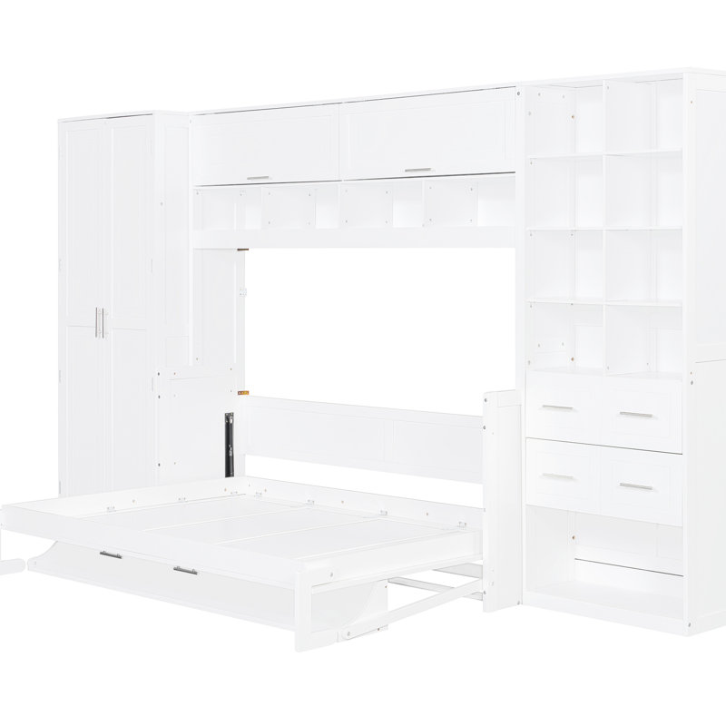  Lit escamotable double pleine grandeur avec placard, tablettes et tiroirs de rangement, blanc, Double, Blanc