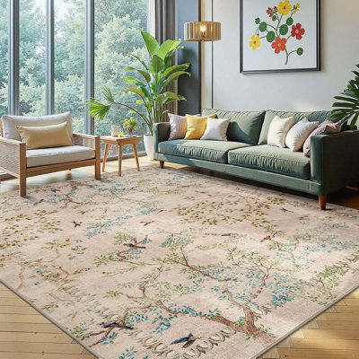 Floral Rug Botanical Birds Print Nature Plants Washable Non-slip