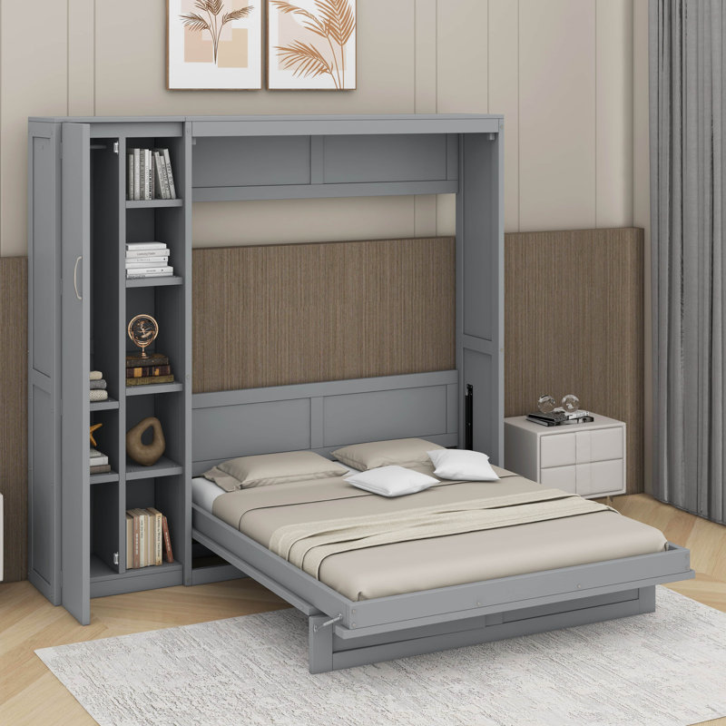 Lit escamotable double avec tablettes, garde-robe et DEL, Gris, Double