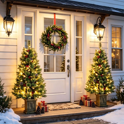 Set of 2, 4 ft Pre‑Lit Green Artificial Pine Christmas Trees, Dual‑Color LED Lighting with Included Remote Control for Indoor Holiday Decor