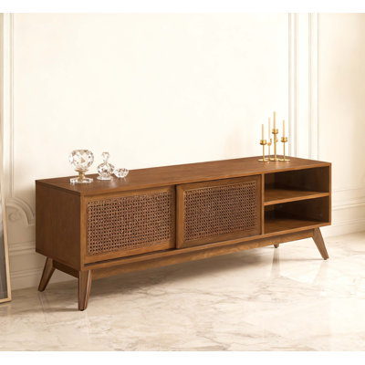 Meuble télé 59 po en rotin de style Mid-Century moderne pour téléviseur de 65 po, meuble audio-vidéo avec pieds en bois massif et portes en rotin, finition bois clair
