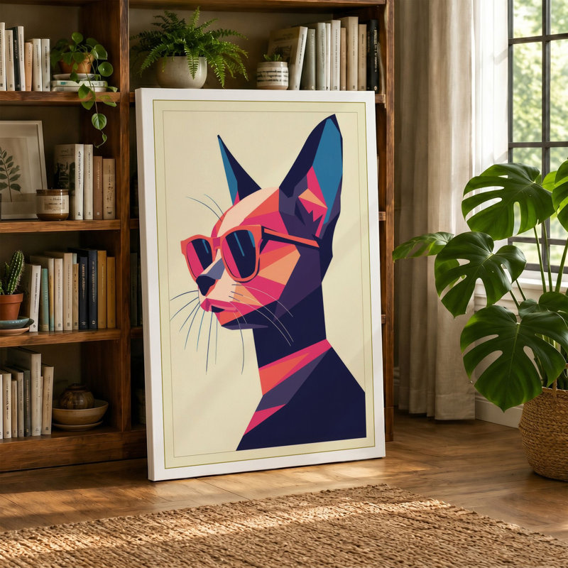 Cool Cat Geometric Art Deco - Wrapped Canvas, 30x20 - 76.2 x 50.8 cm, Sage Border