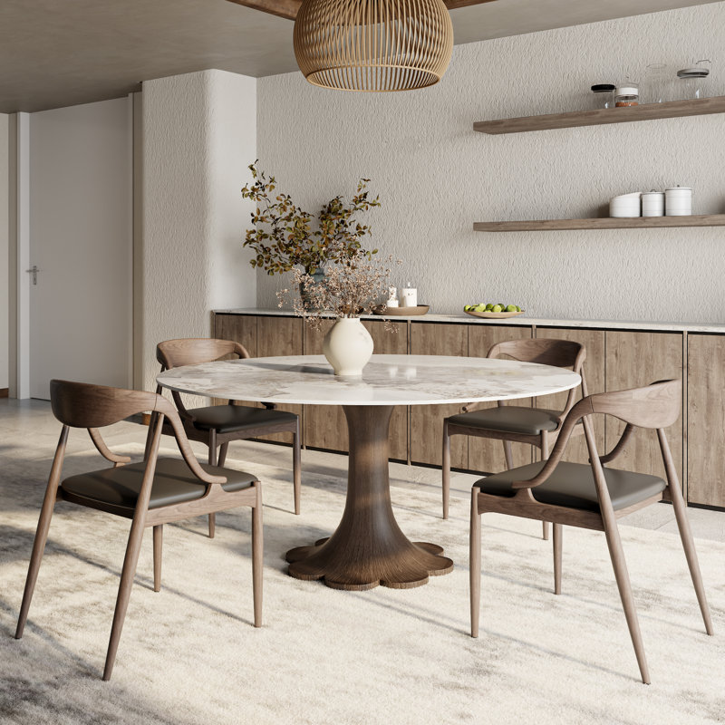 Table de salle à manger ronde ronde en pierre avec base en bois massif pour 4 à 10 personnes, Sable, Marron foncé