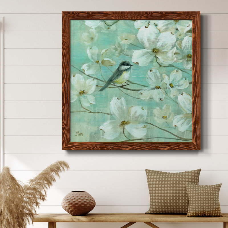 Mésanges et cornouiller - Détail I - Peinture sur toile encadrée, H 31,5 po x l 31,5 po x P 1,5 po, Cadre en érable