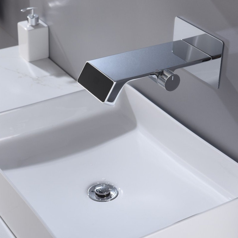 Wall Mounted Waterfall Bathroom Sink Faucet With Temperature Digital Display With Valve, Chrome