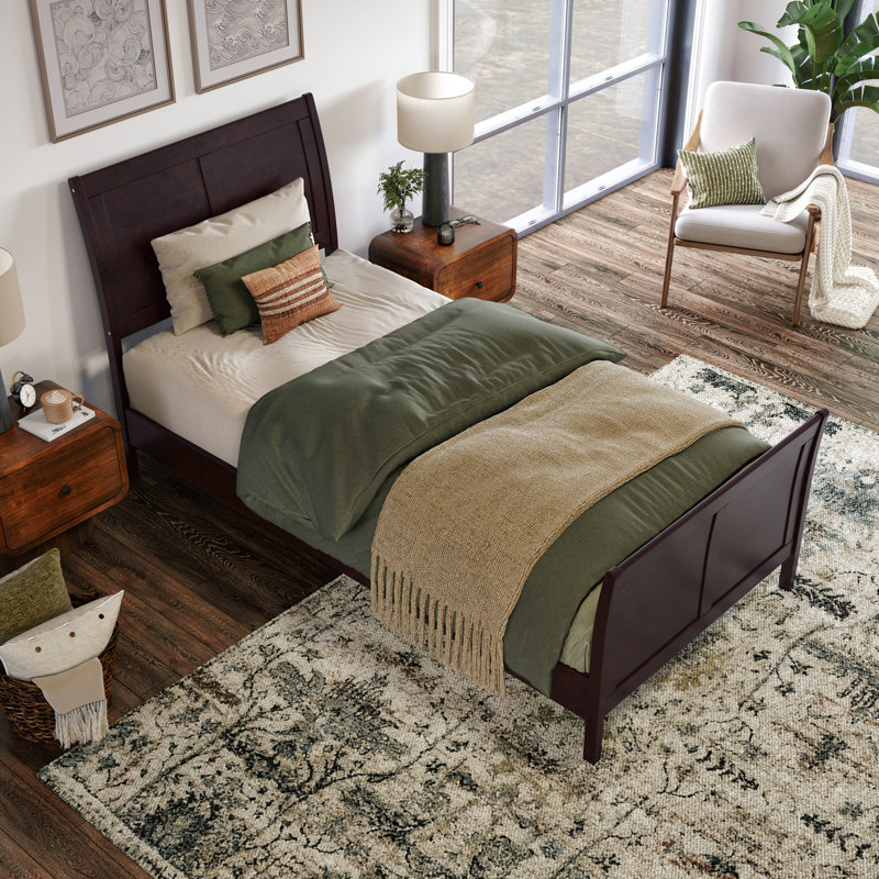 Arite Solid Wood Low Profile Sleigh Platform Bed with Matching Footboard, Espresso, Twin XL