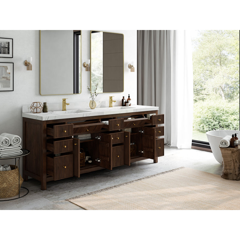 Sonoma X P 22 po D Meuble-lavabo double en noyer foncé avec bordure en quartz blanc, Blanc