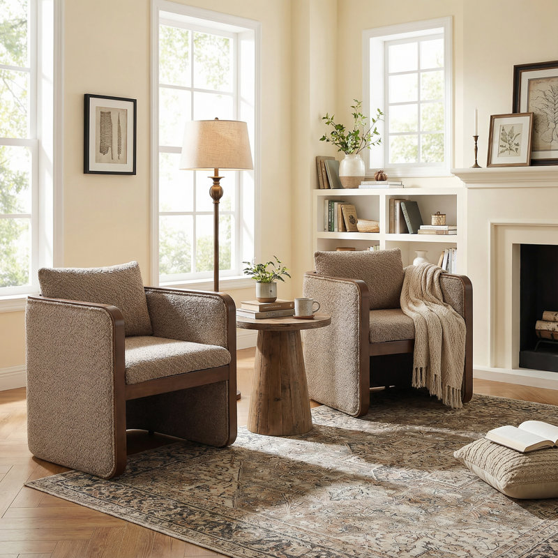 Fauteuils de salle à manger rembourrés Calder, Taupe Boucle / noyer