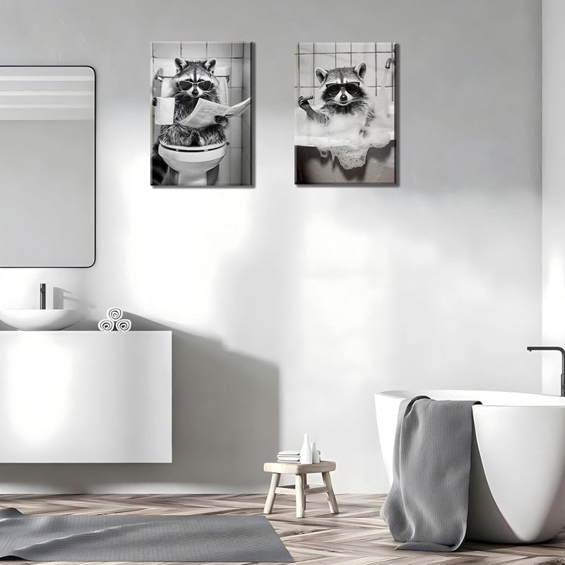 2Psc Raccoon Bathroom Framed Canvas Wall Art Funny Animal Painting Wall Decor Raccoon On Toilet Pictures Black Animal Poster Print Artwork For Bath Restroom Home Decoration 16X24 Inch