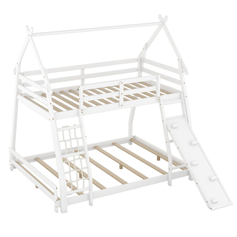 Lit superposé simple au-dessus de grand lit avec filets d'escalade et rampe d'escalade, Blanc