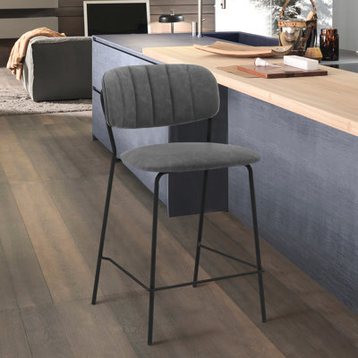 Tabouret de bar de comptoir de 66 cm (26 po) avec revêtement en similicuir gris et structure en métal noir - Capacité de 113 kg (250 lb) - Installation facile - Base stable à 4 pieds - Repose-pieds carrés - Poids - Directives de montage claires
