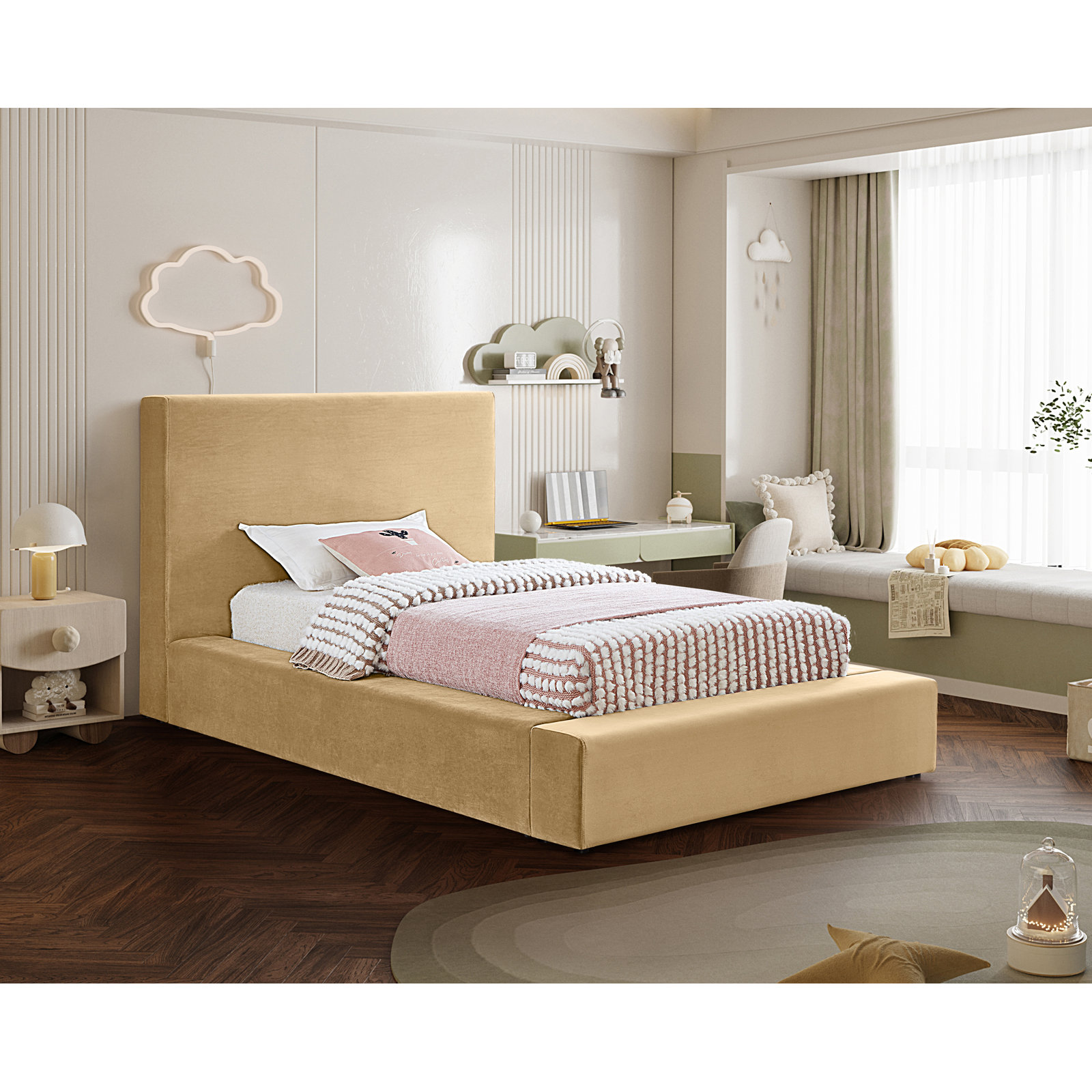 Ishia Upholstered Platform Bed, Twin, Camel Velvet
