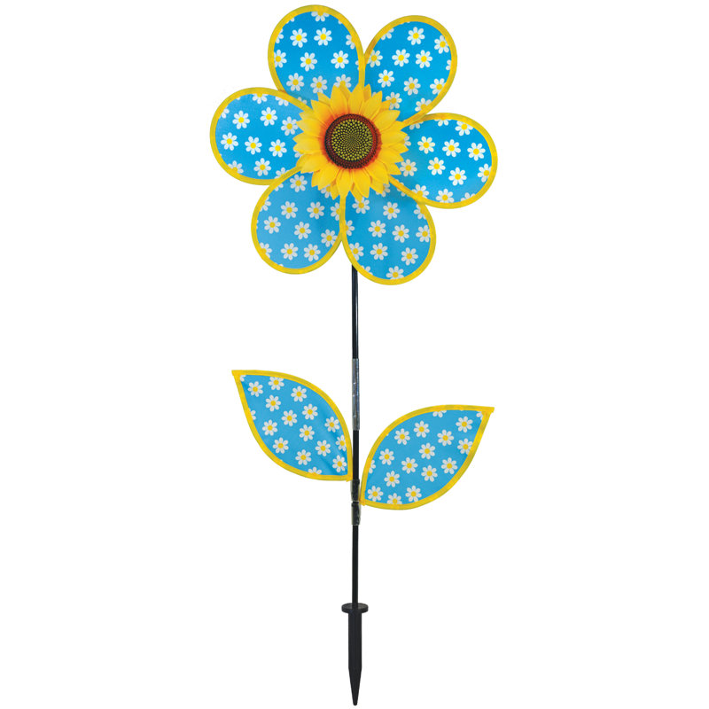 16-Inch Blue Daisy Sunflower Wind Spinner with Faux Leaves