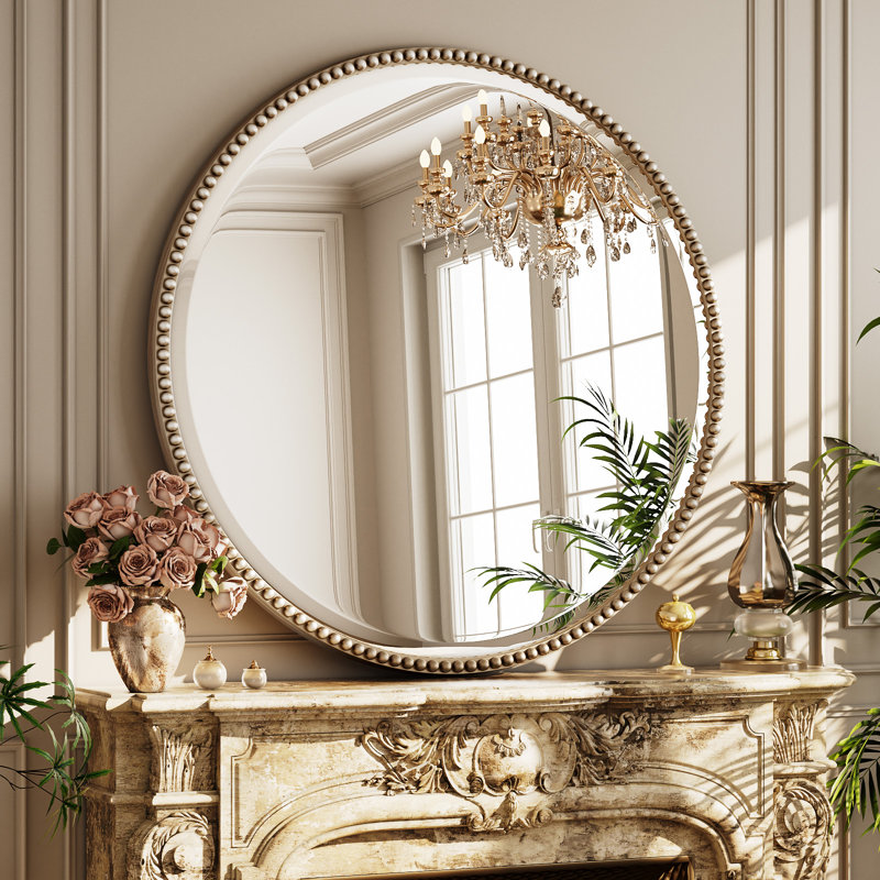 Beaded Round Wall Mirror Decorative Vanity Bathroom Mirror With Resin Frame, Silver, 28" H x 28" W